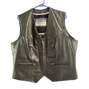 Unik Womens Black Leather Motorcycle Vest Zip Up Pockets Size 5XL
